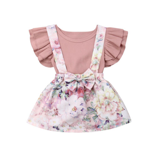 Pink Ruffle Sleeveless Floral Skirt Set