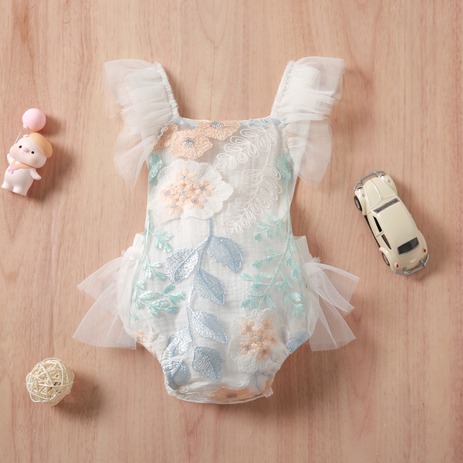Charming Baby Girl's Embroidered Flower Romper with Tulle Sling and Backless Design