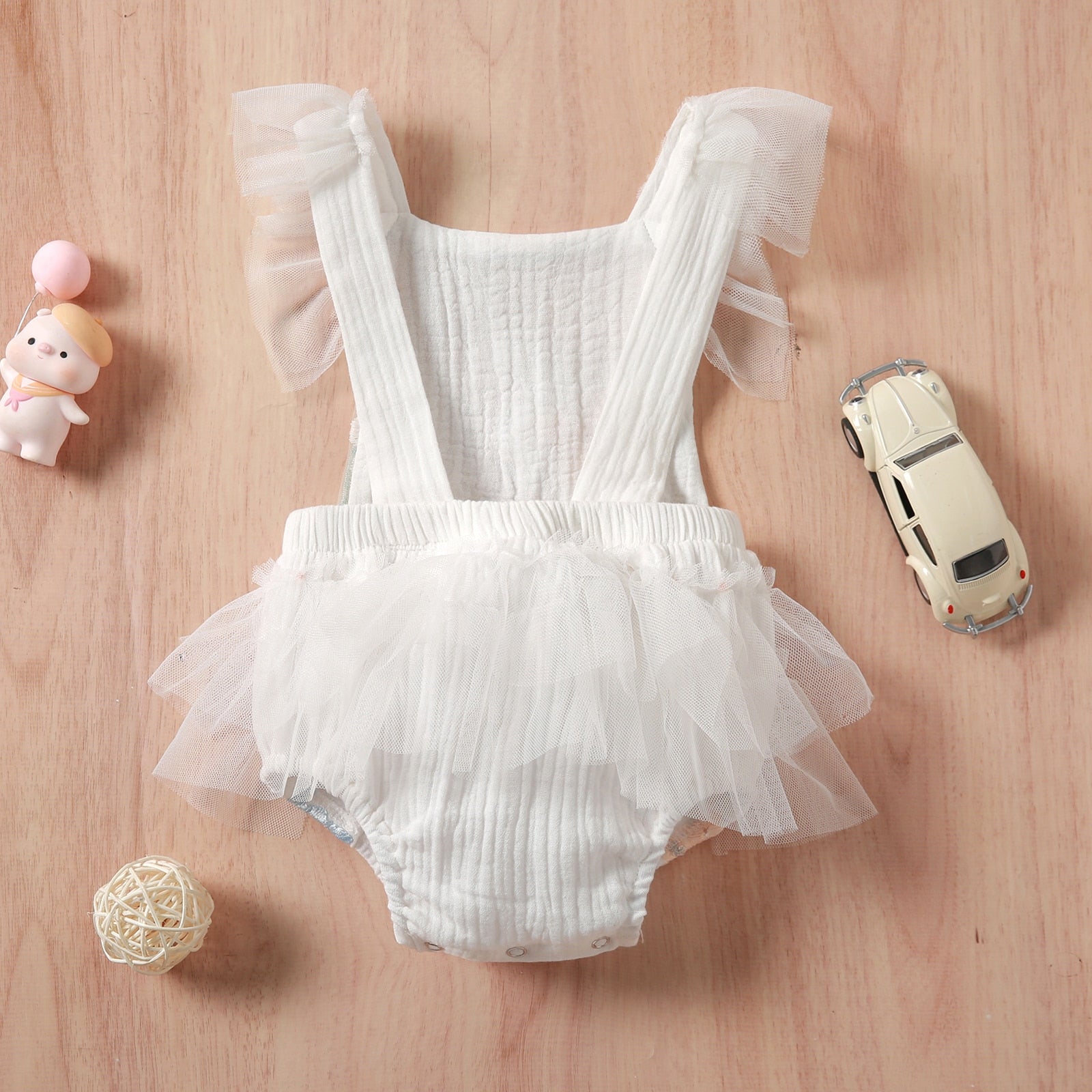 Charming Baby Girl's Embroidered Flower Romper with Tulle Sling and Backless Design