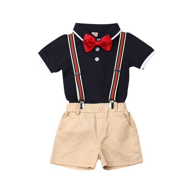 Baby Toddler Bowknot Short-sleeve Shirt and Solid Overalls Gentleman Suit Set