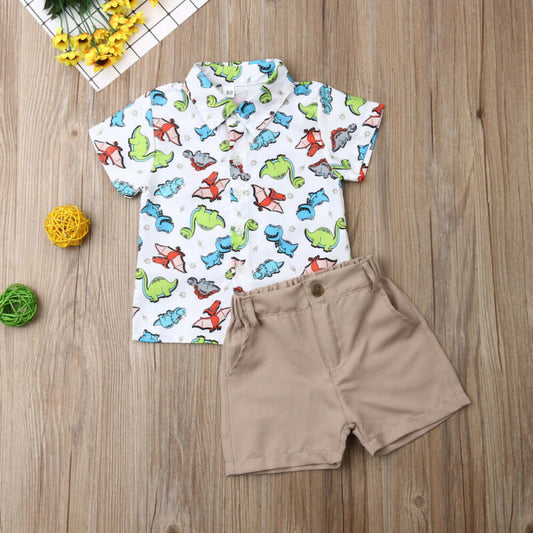 Smart Dinosaur Short-sleeved Shirt and Shorts Set
