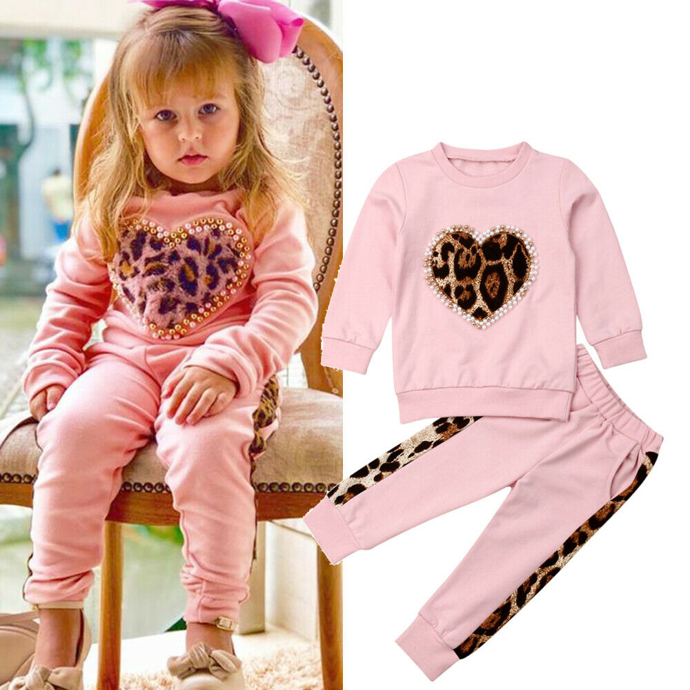 Girl Baby Girl Pink Leopard Heart Tracksuit Set
