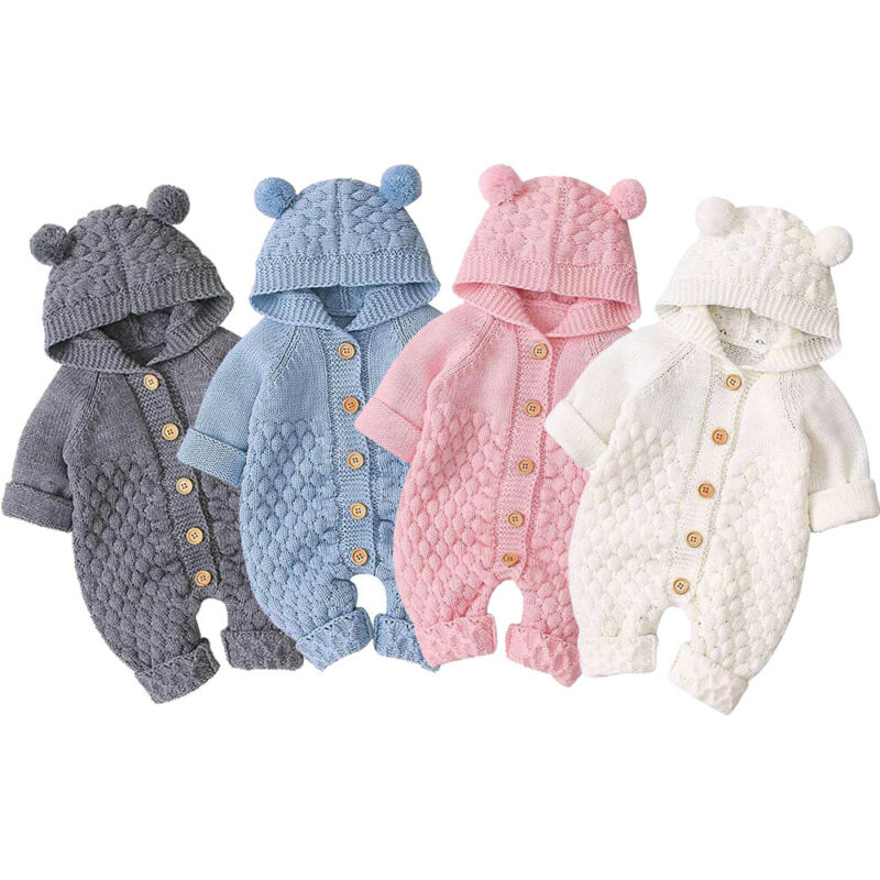 Baby Boy Girl Bear Ear Hooded Knit Jumpsuit