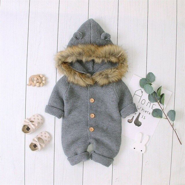 Baby Boy Girl Cute Solid Ear Decor Hooded Fur Jumpsuit