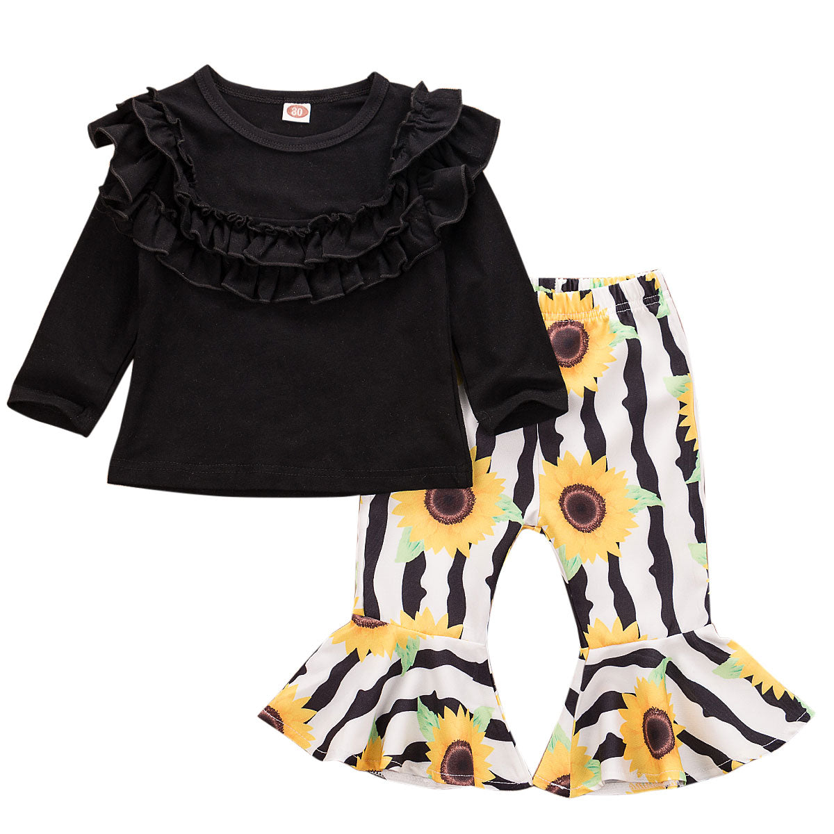 Girl Baby Girl Black Ruffle Top Sunflower Pants Set