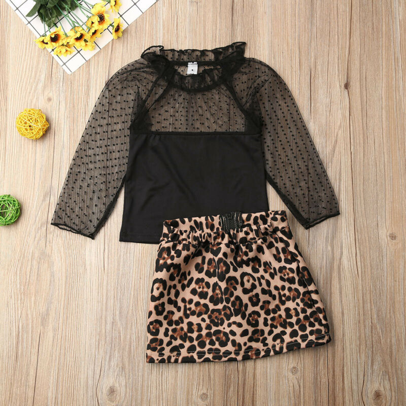 Girl Baby Girl Black Lace Top Leopard Skirt Set