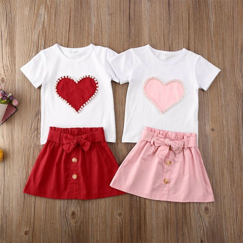 Girl Baby Girl Short Sleeve Heart Top Skirt Set