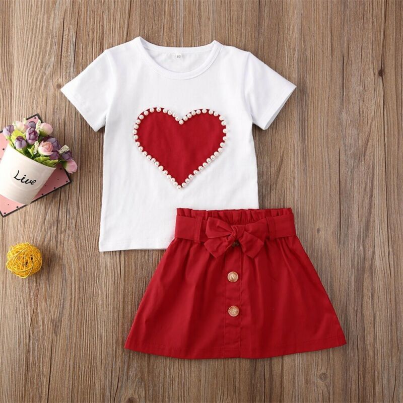 Girl Baby Girl Short Sleeve Heart Top Skirt Set