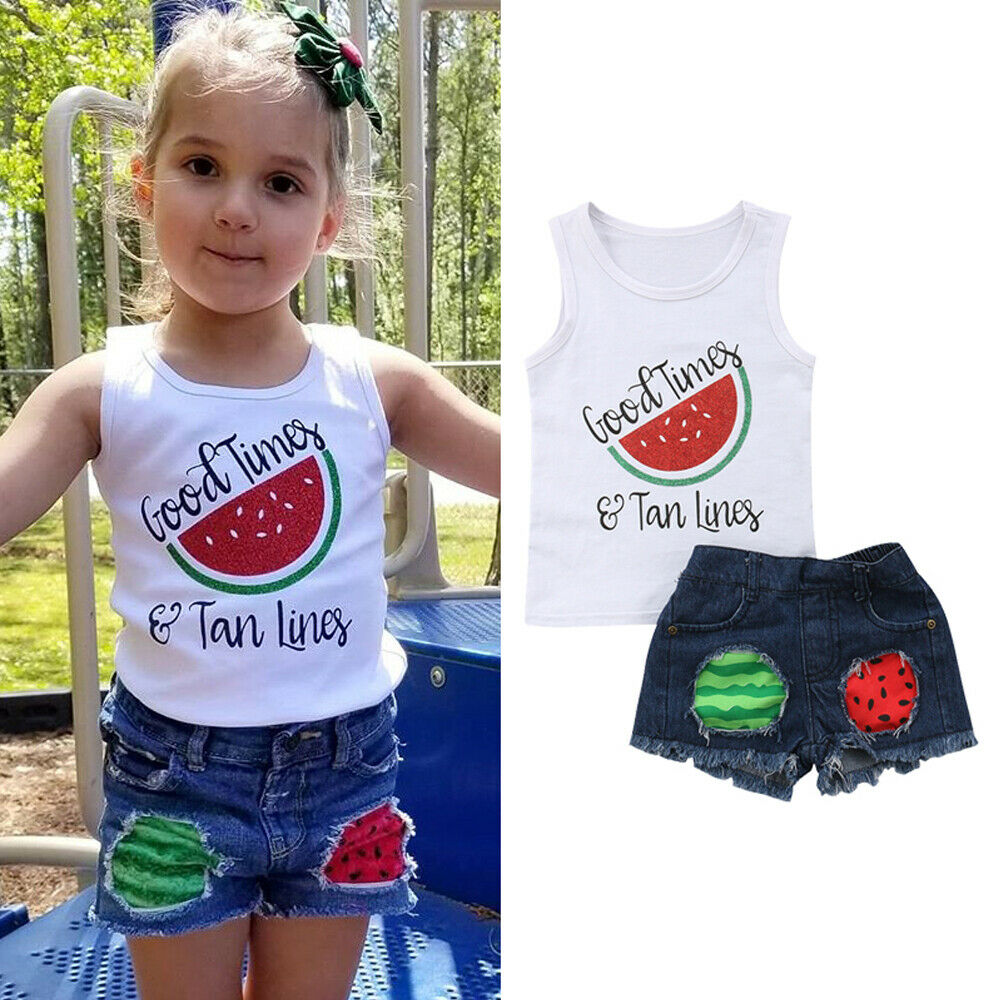 Girl Baby Girl Watermelon Vest Denim Shorts Set