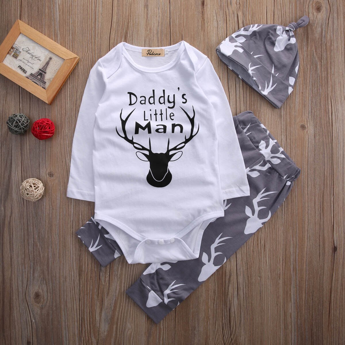 3pcs Reindeer and Letter Print Long-sleeve Baby Set