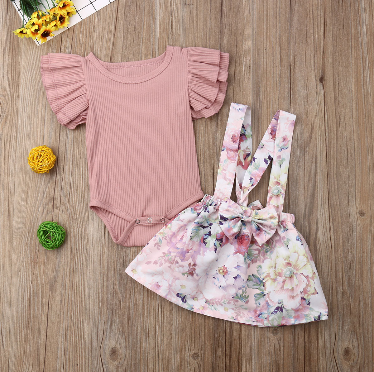Pink Ruffle Sleeveless Floral Skirt Set