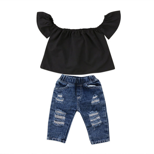 Cute Off Shoulder Top and Denim Pants Set for Toddler Girls - Summer Chic!