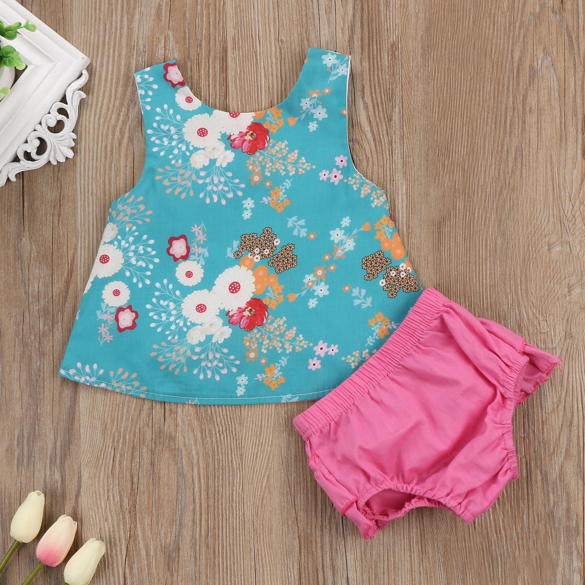 Blooming Babe: Adorable Newborn Baby Girl Outfit with Flower Print Vest Tops and Tutu Shorts