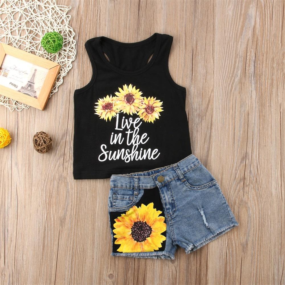 Sunflower Summer Fun: Sleeveless Top and Denim Shorts for Toddler Girls - Let Your Little One Shine!