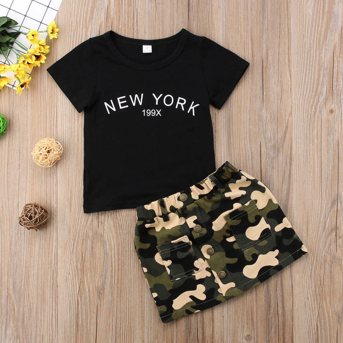 Little Miss Camo Summer Set with Black Letters T-shirt and Camo Skirt