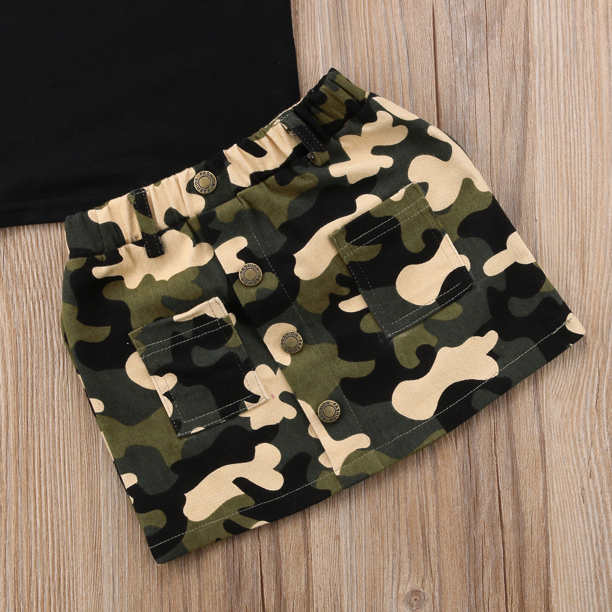 Little Miss Camo Summer Set with Black Letters T-shirt and Camo Skirt