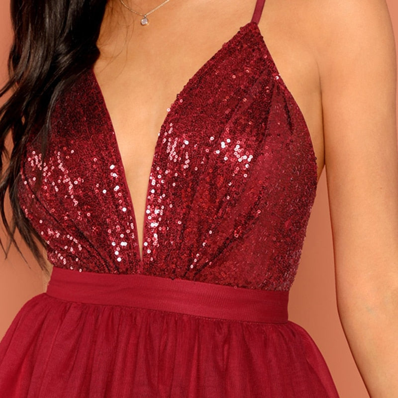 Burgundy Party Backless Mesh Dress