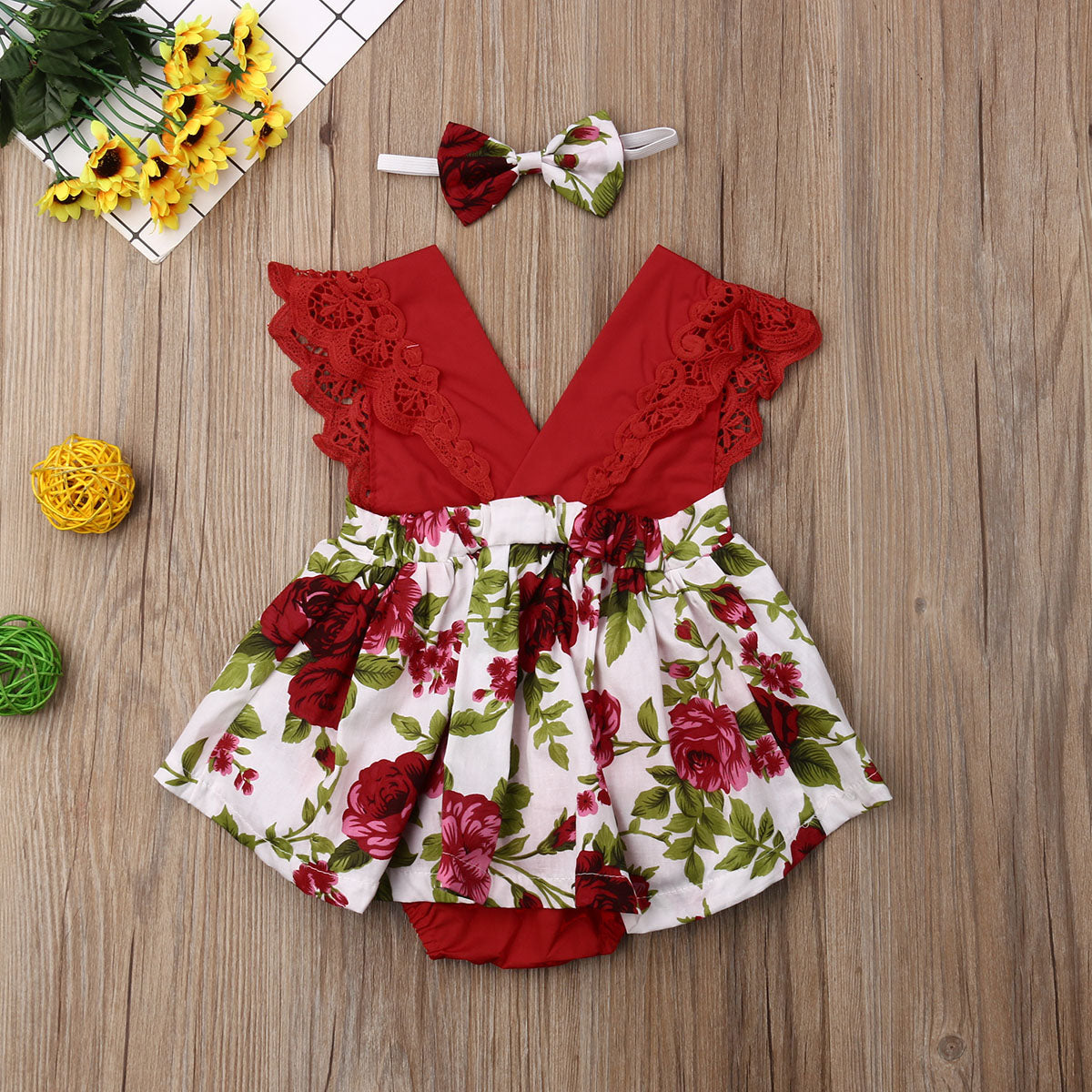 Baby Girl Lace Floral Jumpsuit Red Set